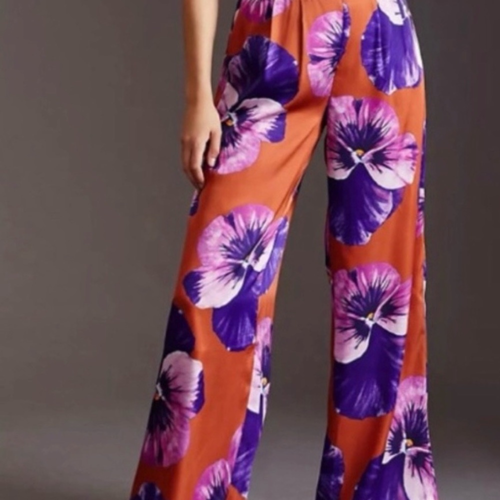Anthropologie Wide-Leg Floral Pants in Burnt Orange & Purple